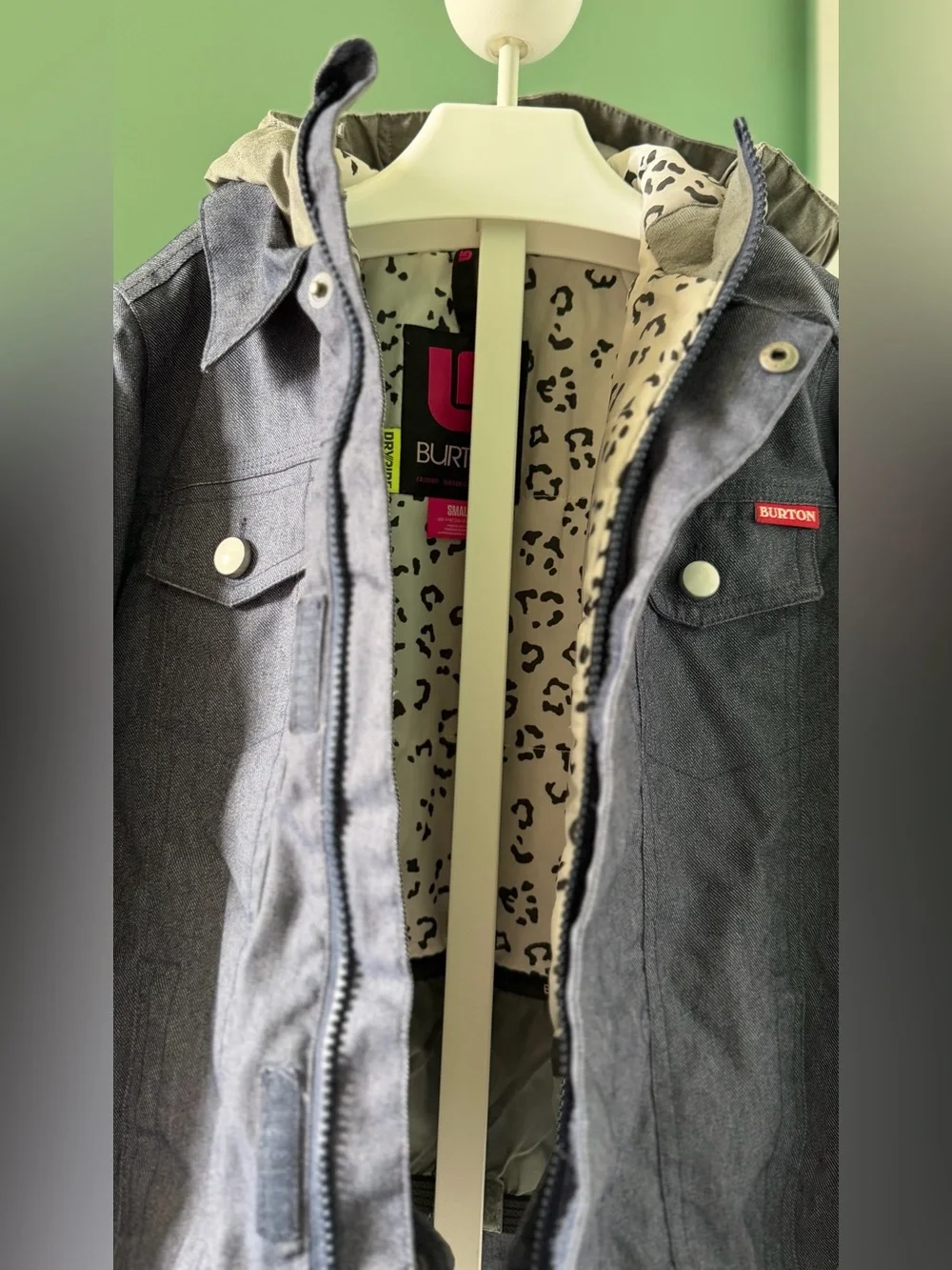 Burton Kids Dark Blue Jean-Style Snowboard Jacket with Leopard Hood Lining